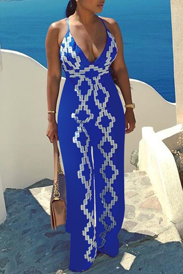 Lovely Bohemian Deep V Neck Blue One-piece Jumpsuit