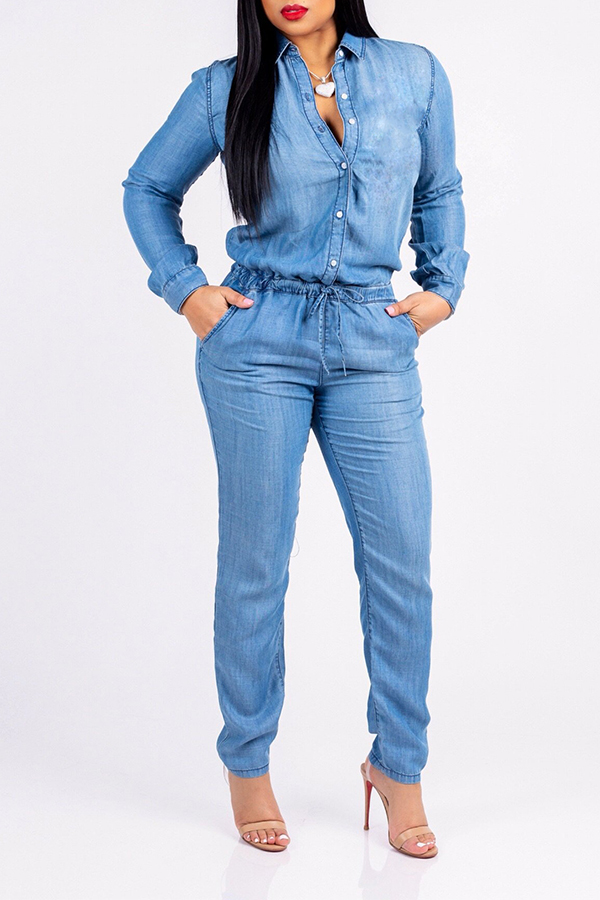 Lovely Trendy Drawstring Blue One-piece Jumpsuit
