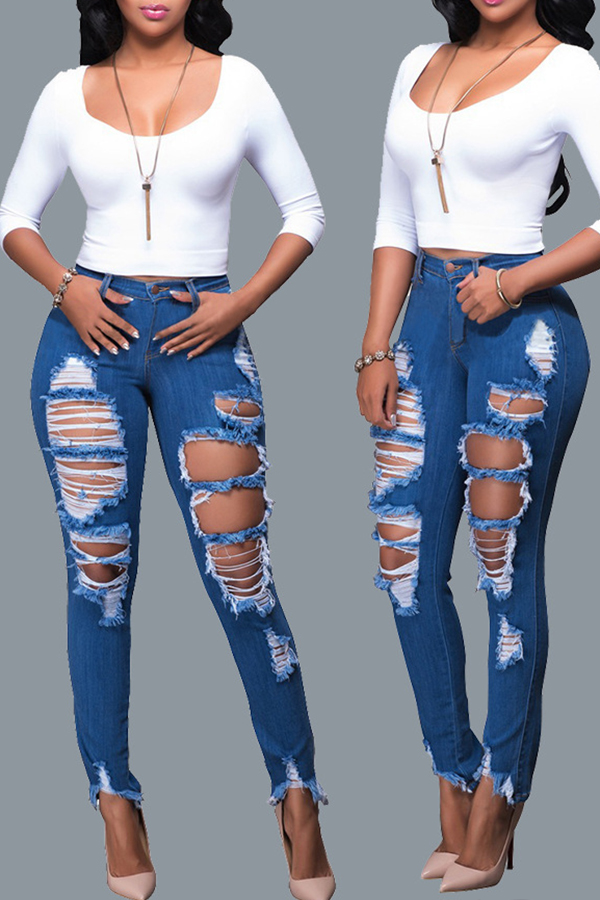 Lovely Leisure Broken Holes Deep Blue Jeans