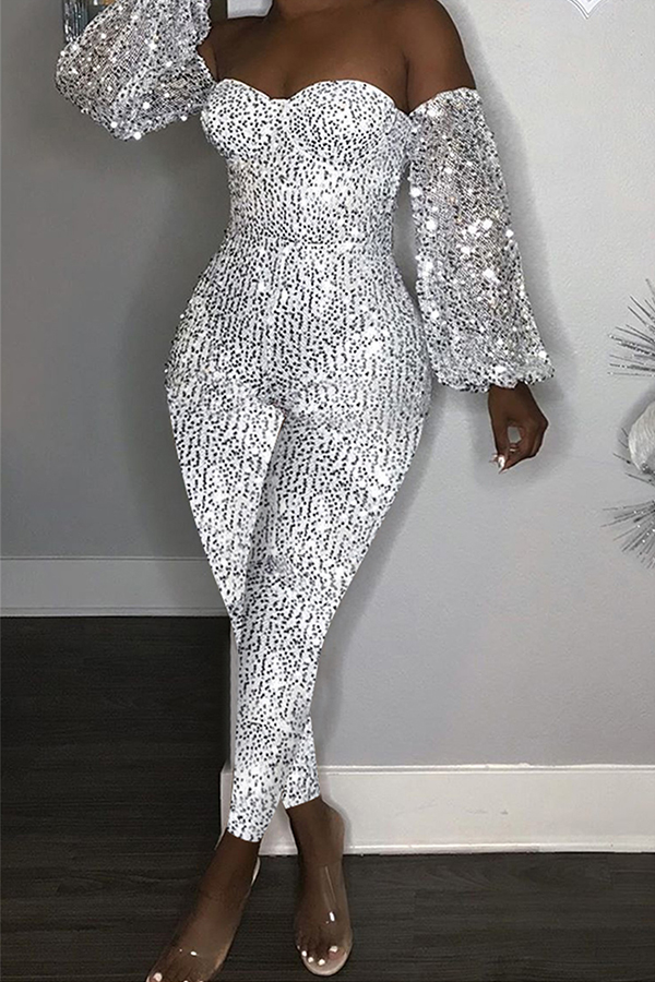 Lovely Casual Dew Shoulder Sequined Silver One-piece Jumpsuit