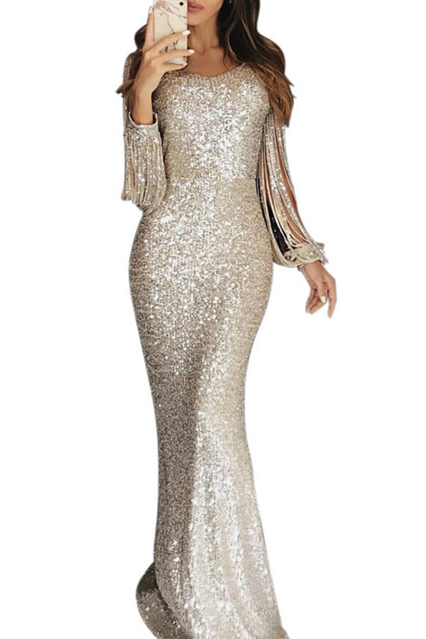 Lovely Party Tassel Design Silver Floor Length Evening Dress