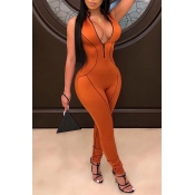 Lovely Trendy Zipper Design Brown One-piece Jumpsu