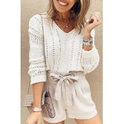 Lovely V Neck Hollow-out Beige Sweaters