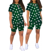 Lovely Trendy Dot Printed Green Two-piece Shorts S