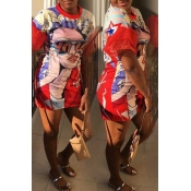 Lovely Casual O Neck Printed Red Mini Dress