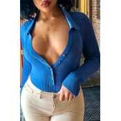 Lovely Casual Buttons Design Blue Bodysuit