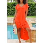 Lovely Casual V Neck Orange Ankle Length Dress