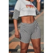 Lovely Casual Grid Printed White Two-piece Shorts 