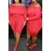 Lovely Casual Dew Shoulder Red Plus Size One-piece
