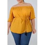 Lovely Casual Plaid Printed Yellow Plus Size Blous