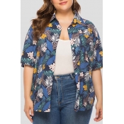 Lovely Leisure Floral Printed Blue Plus Size Blous