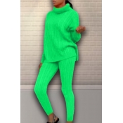 Lovely Casual Turtleneck Green Two-piece Pants Set