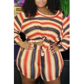 Lovely Casual O Neck Striped Printed Orange Plus S