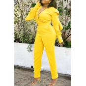 Lovely Trendy Flounce Patchwork Yellow One-piece J
