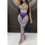 Lovely Stylish Hollow-out Printed Blue One-piece J