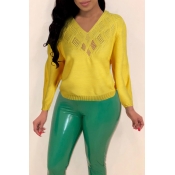 Lovely Trendy V Neck Hollow-out Yellow Sweaters