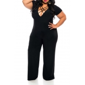 Lovely Casual Hollow-out Black Plus Size One-piece
