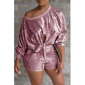 Lovely Casual Sequined Decorative Pink Two-piece S