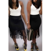 Lovely Sweet Tassel Design Black Mid Calf Skirt