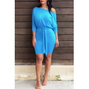 Lovely Casual Batwing Sleeves Blue Mini Dress