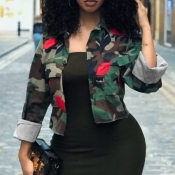 Lovely Casual Camouflage Printed Short Green Coat