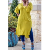 Lovely Casual V Neck Side Slit Design Yellow Blous