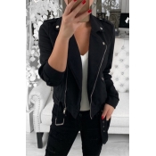Lovely Casual Zipper Design Black Coat