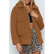 Lovely Casual Pockets Design Brown Coat