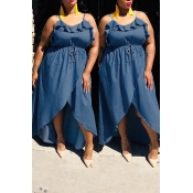 Lovely Casual Sleeveless Flounce Design Blue Knee 