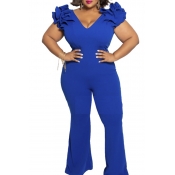Lovely Casual V Neck Blue Plus Size One-piece Jump