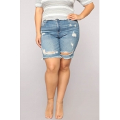 Lovely Trendy Torn Edges Blue Plus Size Shorts