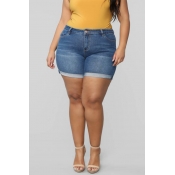 Lovely Casual Zipper Design Blue Plus Size Shorts