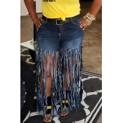 Lovely Trendy Tassel Design Deep Blue Jeans