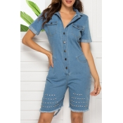 Lovely Trendy Rivet Decorative Baby Blue One-piece