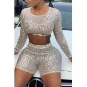 Lovely Casual O Neck Sequined Beige Two-piece Shor