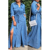 Lovely Chic Striped Blue Denim Maxi Dress