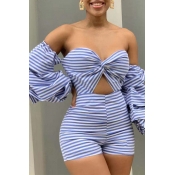Lovely Casual Striped Blue One-piece Romper