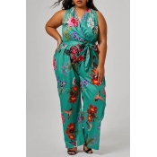 Lovely Casual V Neck Printed Green Plus Size One-p