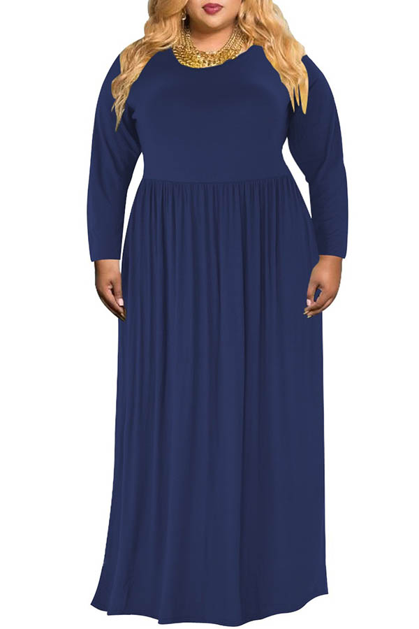 Lovely Casual O Neck Loose Dark Blue Floor Length Plus Size Dress