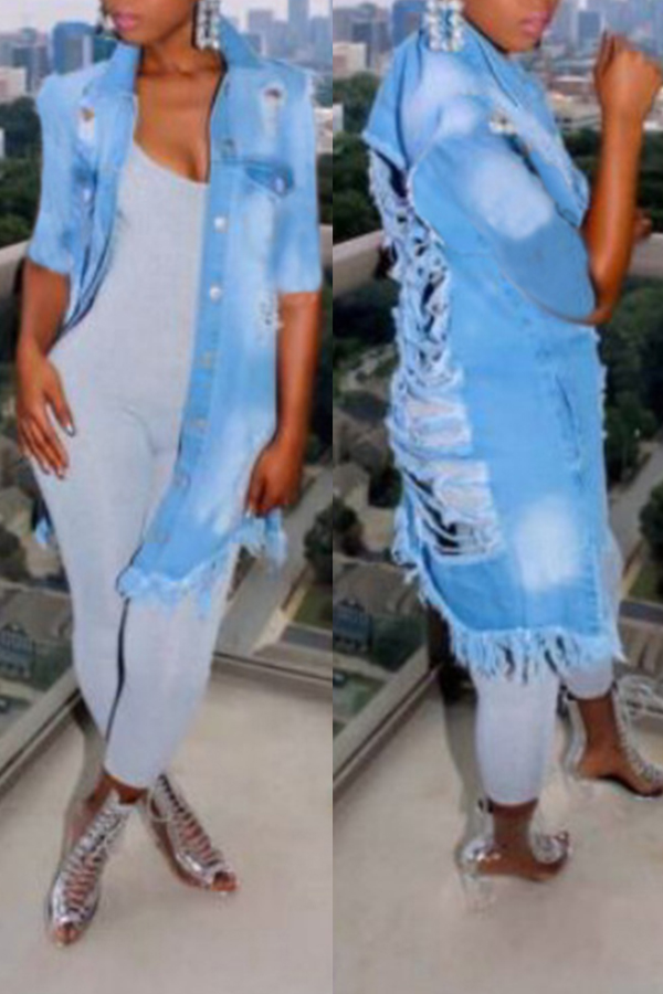 Lovely Trendy Broken Holes Baby Blue Jacket