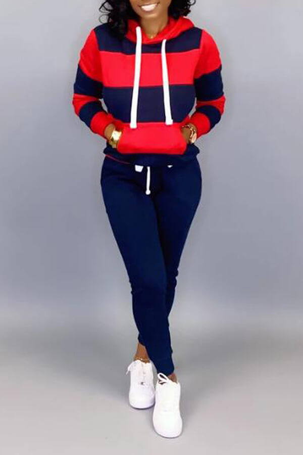 LW Striped Kangaroo Pocket Drawstring Tracksuit Set