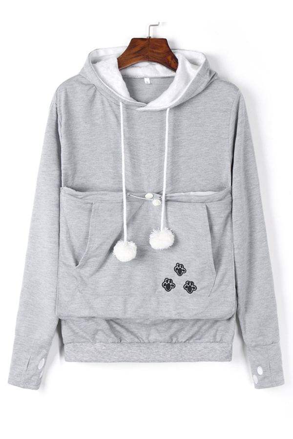 Lovely Casual Hooded Collar Embroidery Design Grey Hoodie