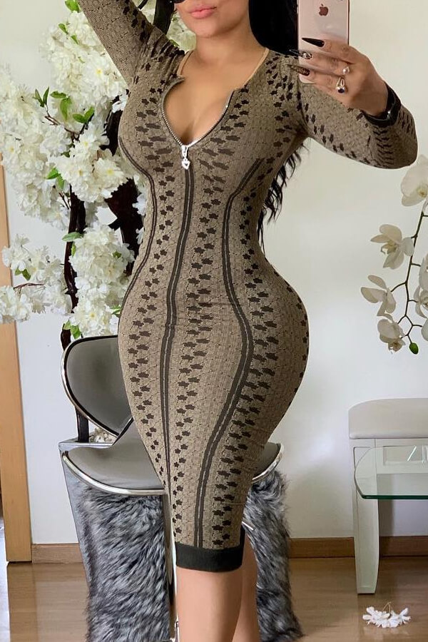 Lovely Casual Printed Skinny Khaki Knee Length Dress