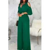 Lovely Party Dew Shoulder Green One-piece Jumpsuit
