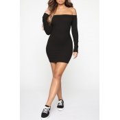 Lovely Casual Dew Shoulder Black Mini Dress