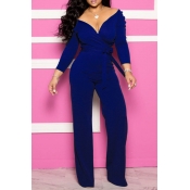 Lovely Work V Neck Blue One-piece Jumpsuit
