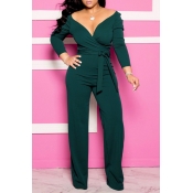 Lovely Casual V Neck Lace-up Green Plus Size One-p