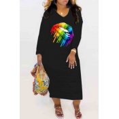 Lovely Casual Lip Printed Black Mid Calf Dress