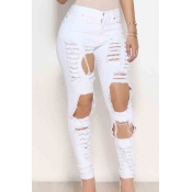 Lovely Casual Broken Holes White Jeans