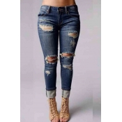 Lovely Casual Broken Holes Deep Blue Jeans